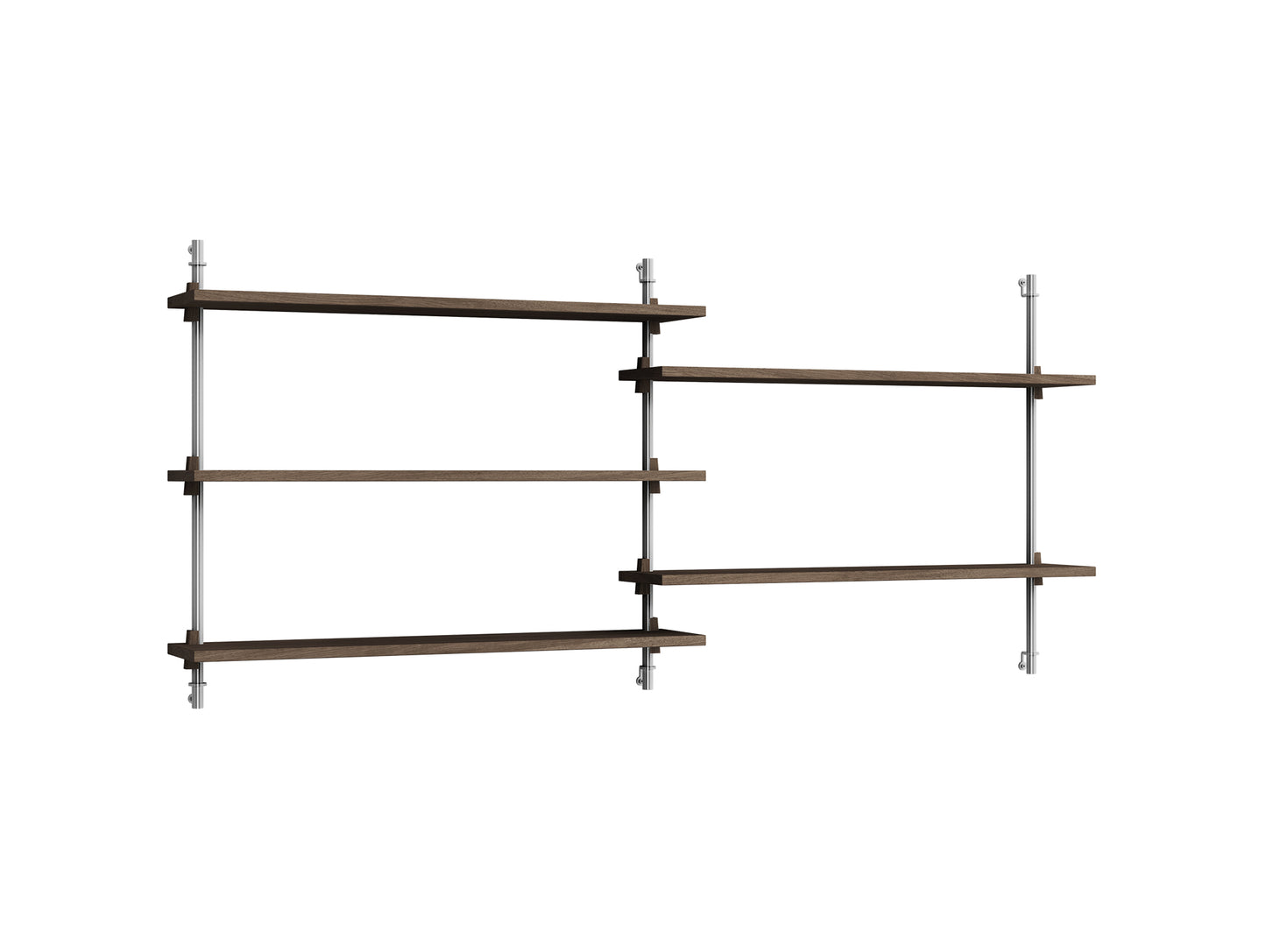 Wall Shelving System Sets WS.65.2 by Moebe - Stainless Steel Uprights / Smoked Oak