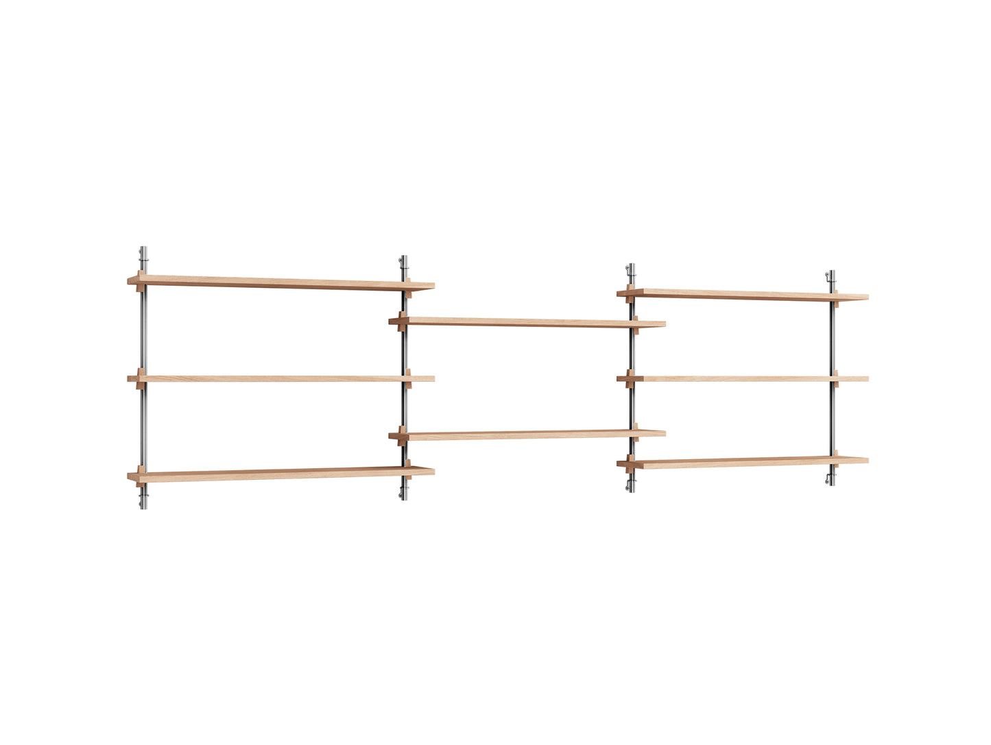 Wall Shelving System Sets WS.65.3 by Moebe - Stainless Steel Uprights / Oiled Oak