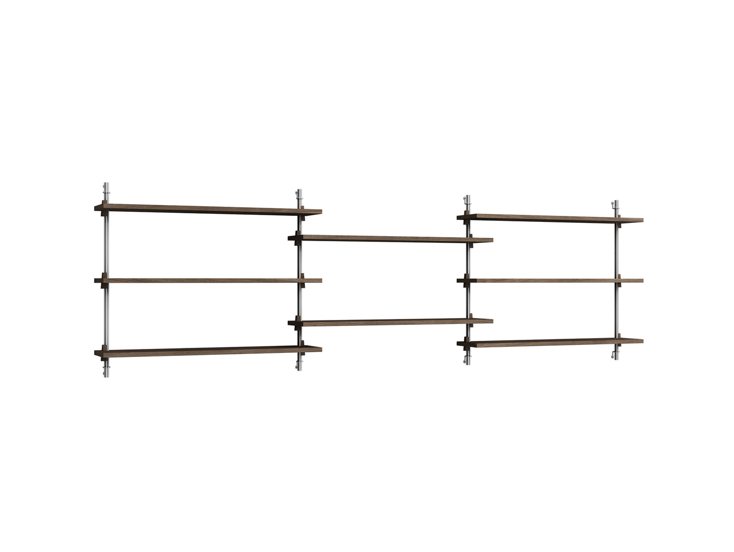 Wall Shelving System Sets WS.65.3 by Moebe - Stainless Steel Uprights / Smoked Oak
