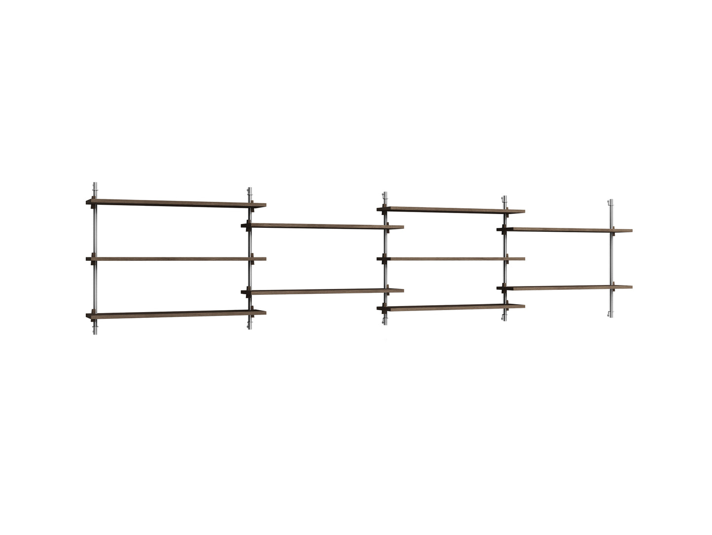 Wall Shelving System Sets WS.65.4 by Moebe - Stainless Steel Uprights / Smoked Oak