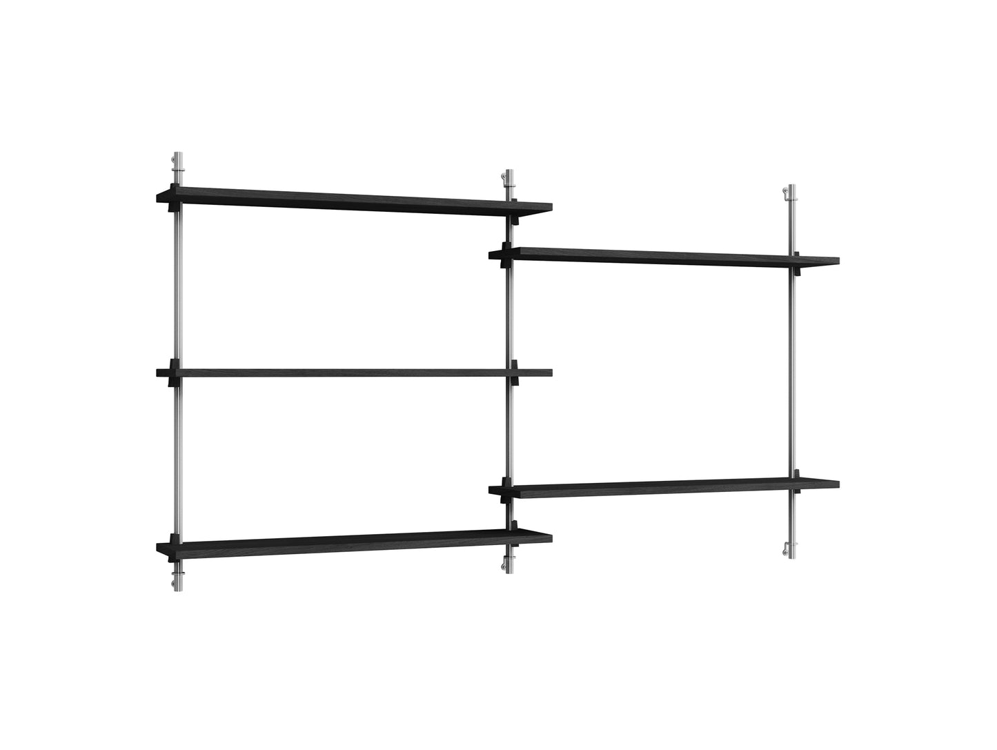 Wall Shelving System Sets (85 cm) by Moebe - WS.85.2 / Stainless Steel Uprights / Black Painted Oak