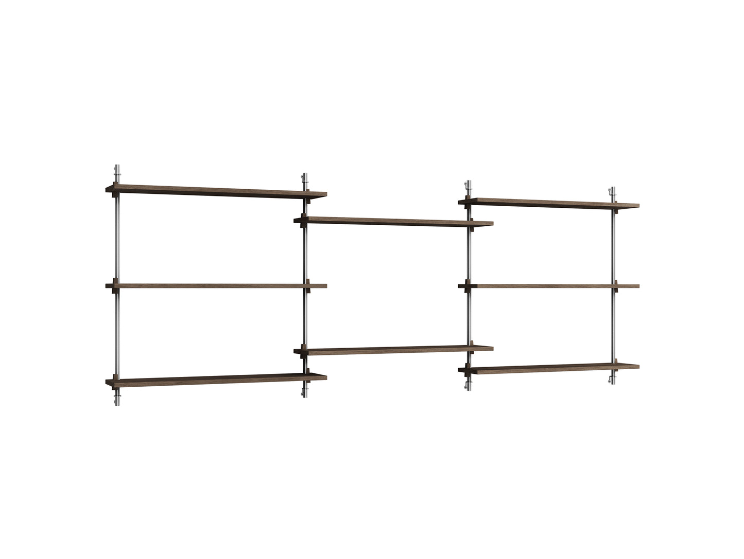 Wall Shelving System Sets (85 cm) by Moebe - WS.85.3 / Stainless Steel Uprights / Smoked Oak