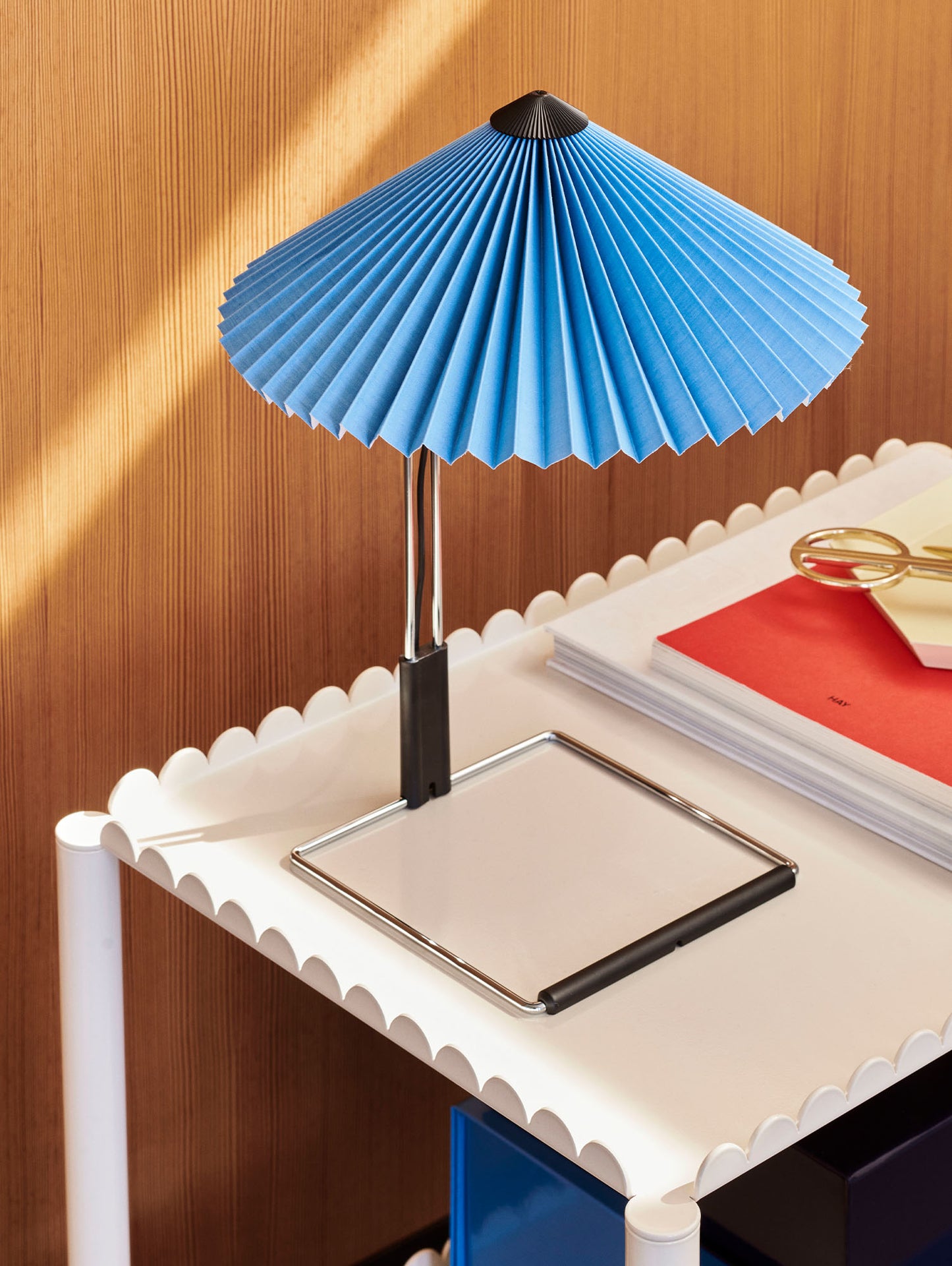 Matin Table Lamp - Mirror Plated Steel Base / Placid Blue Shade by HAY
