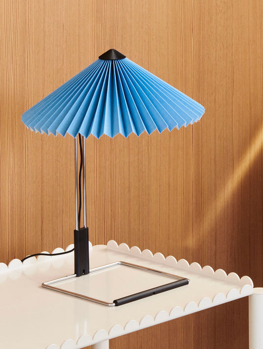 Matin Table Lamp - Mirror Plated Steel Base / Placid Blue Shade by HAY