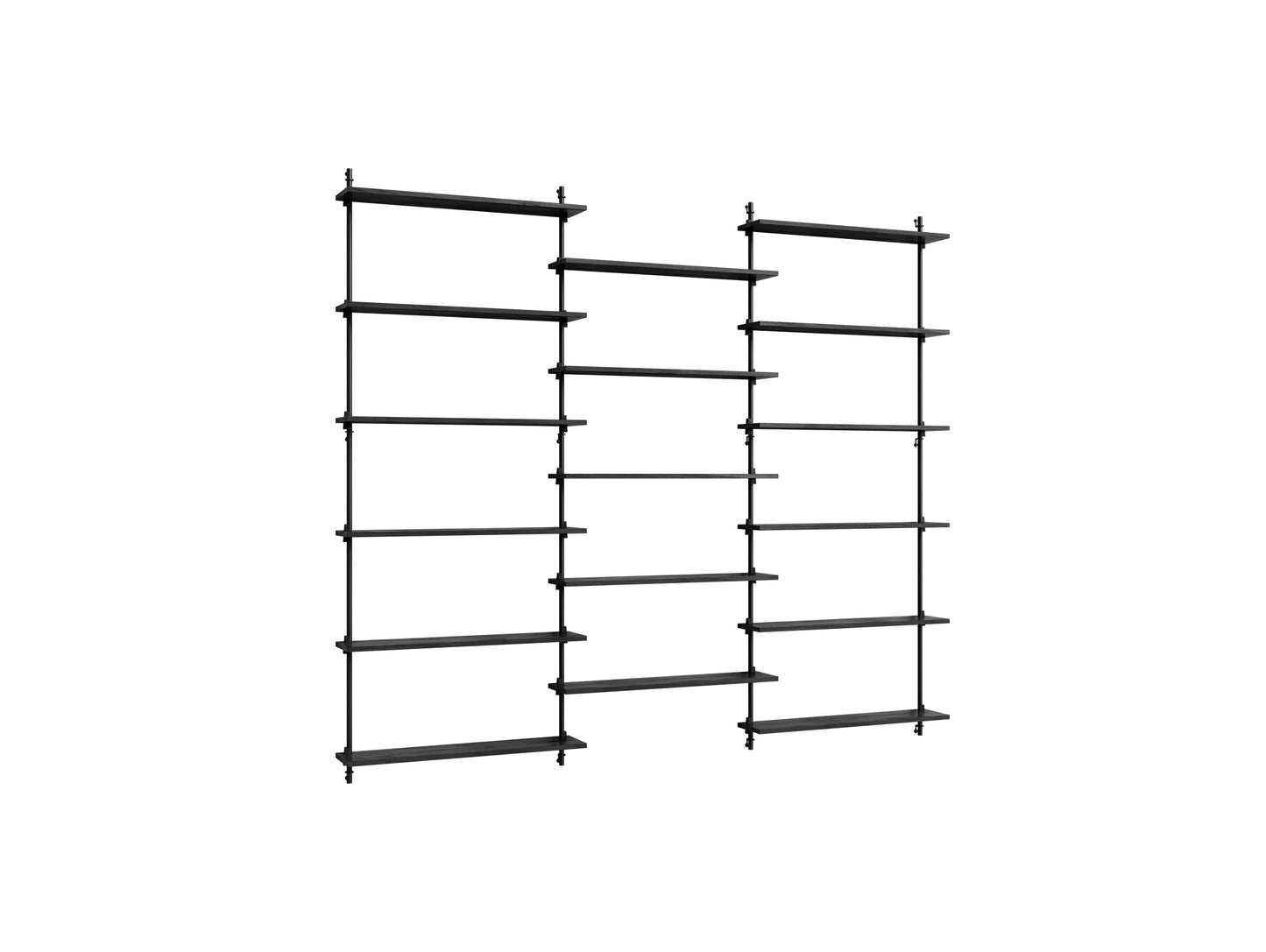 Wall Shelving System Sets (200 cm) by Moebe - WS.200.3 / Black Uprights / Black Painted Oak