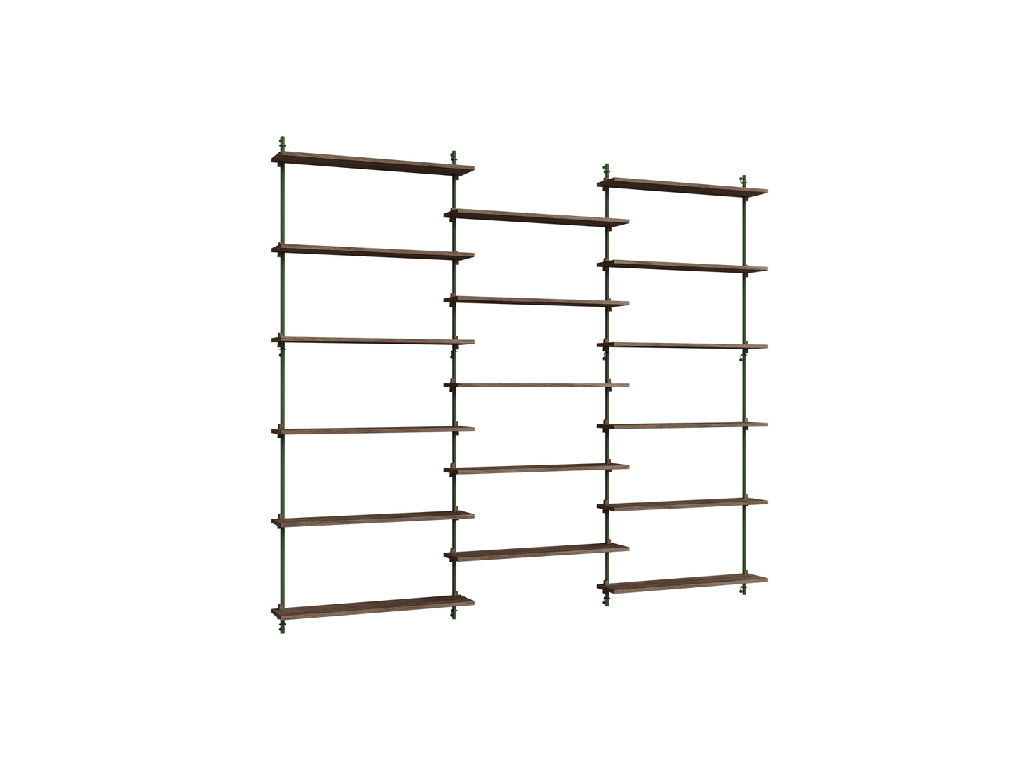 Wall Shelving System Sets (200 cm) by Moebe - WS.200.3 / Pine Green Uprights / Smoked Oak