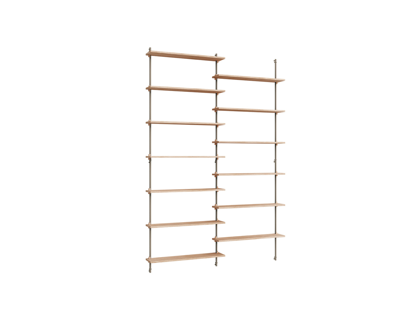 Wall Shelving System Sets (230 cm) by Moebe - WS.230.2 / Warm Grey Uprights / Oiled Oak