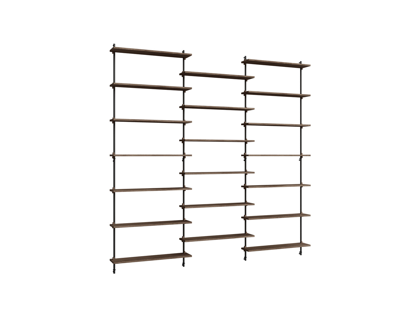 Wall Shelving System Sets (230 cm) by Moebe - WS.230.3 / Black Uprights / Smoked Oak