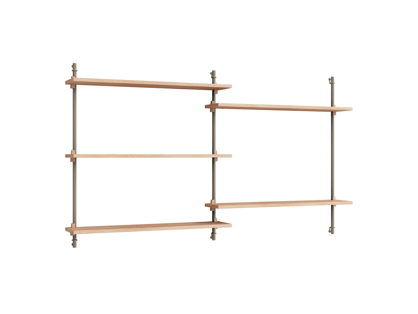 Wall Shelving System Sets (85 cm) by Moebe - WS.85.2 / Warm Grey Uprights / Oiled Oak
