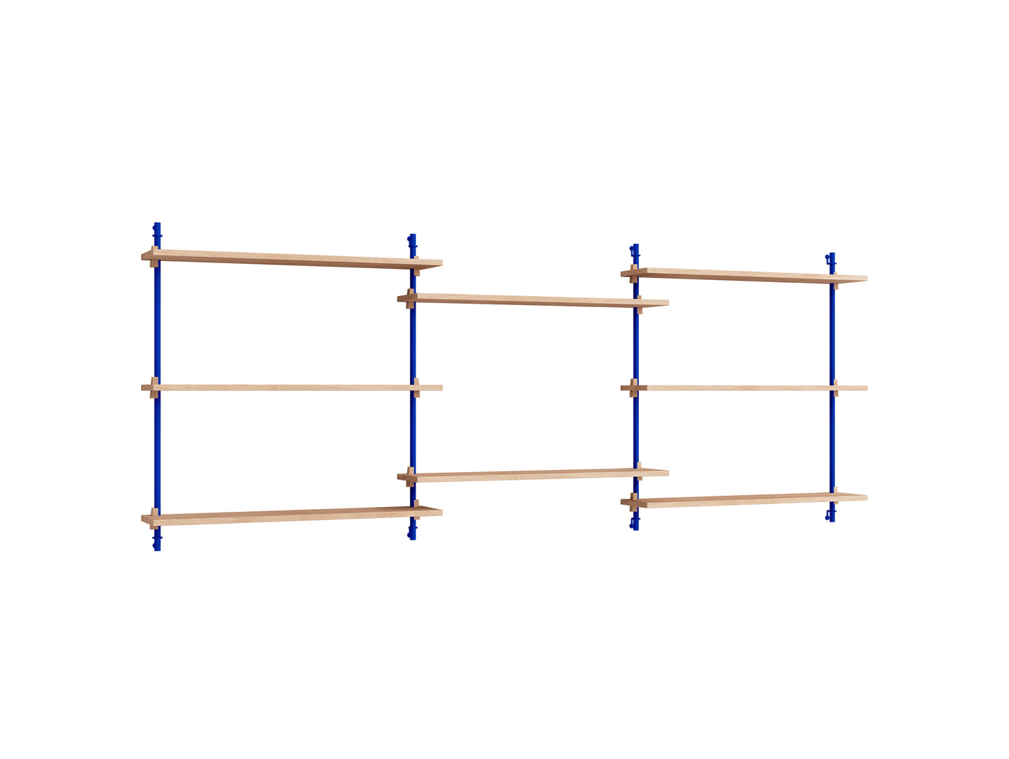 Wall Shelving System Sets (85 cm) by Moebe - WS.85.3 / Deep Blue Uprights / Oiled Oak