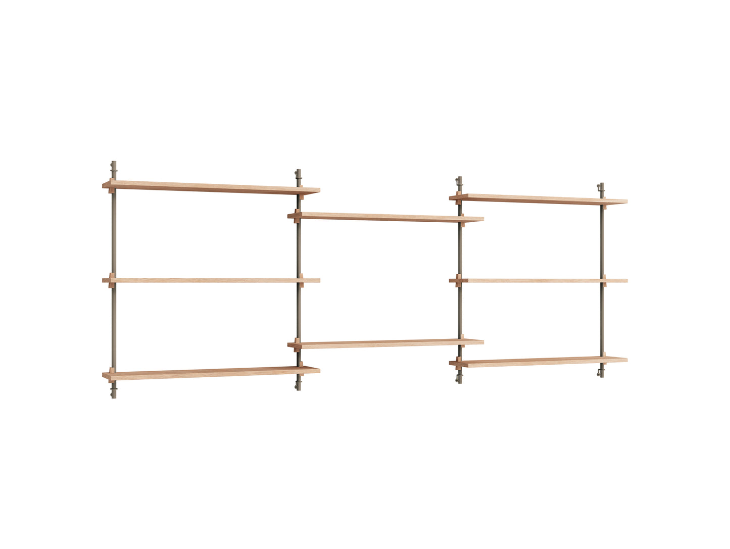 Wall Shelving System Sets (85 cm) by Moebe - WS.85.3 / Warm Grey Uprights / Oiled Oak