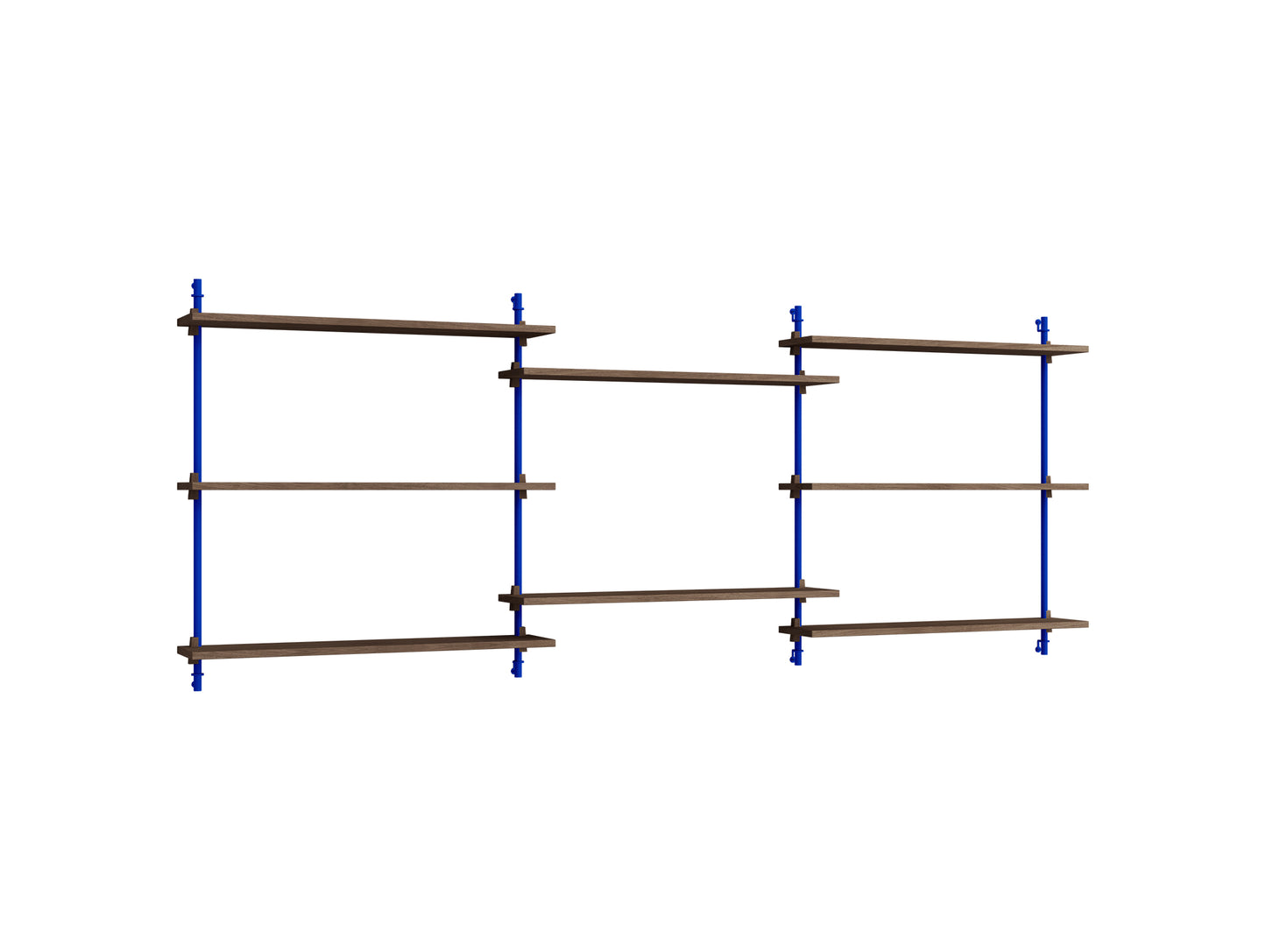 Wall Shelving System Sets (85 cm) by Moebe - WS.85.3 / Deep Blue Uprights / Smoked Oak