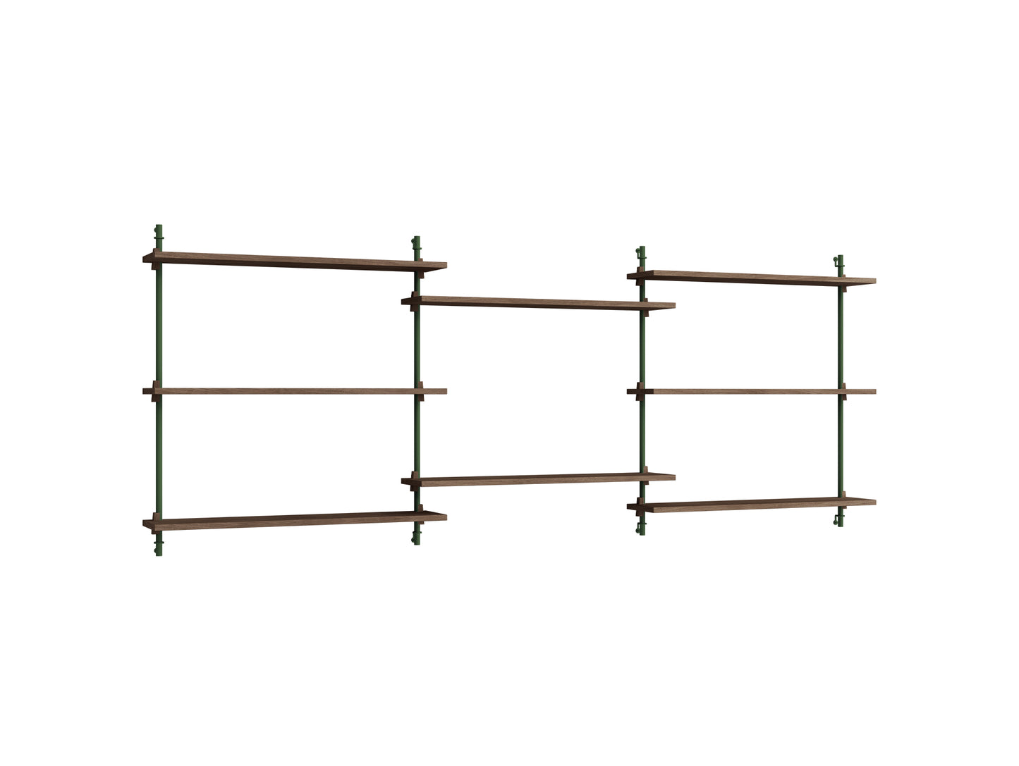 Wall Shelving System Sets (85 cm) by Moebe - WS.85.3 / Pine Green Uprights / Smoked Oak