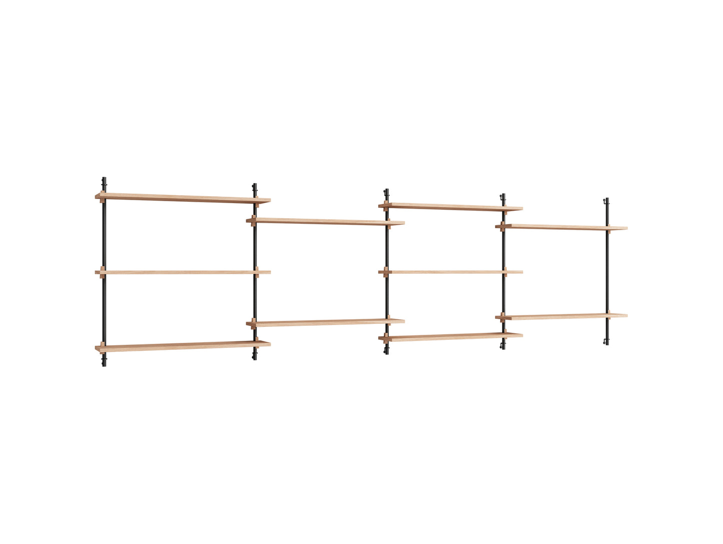 Wall Shelving System Sets (85 cm) by Moebe - WS.85.4 / Black Uprights / Oiled Oak