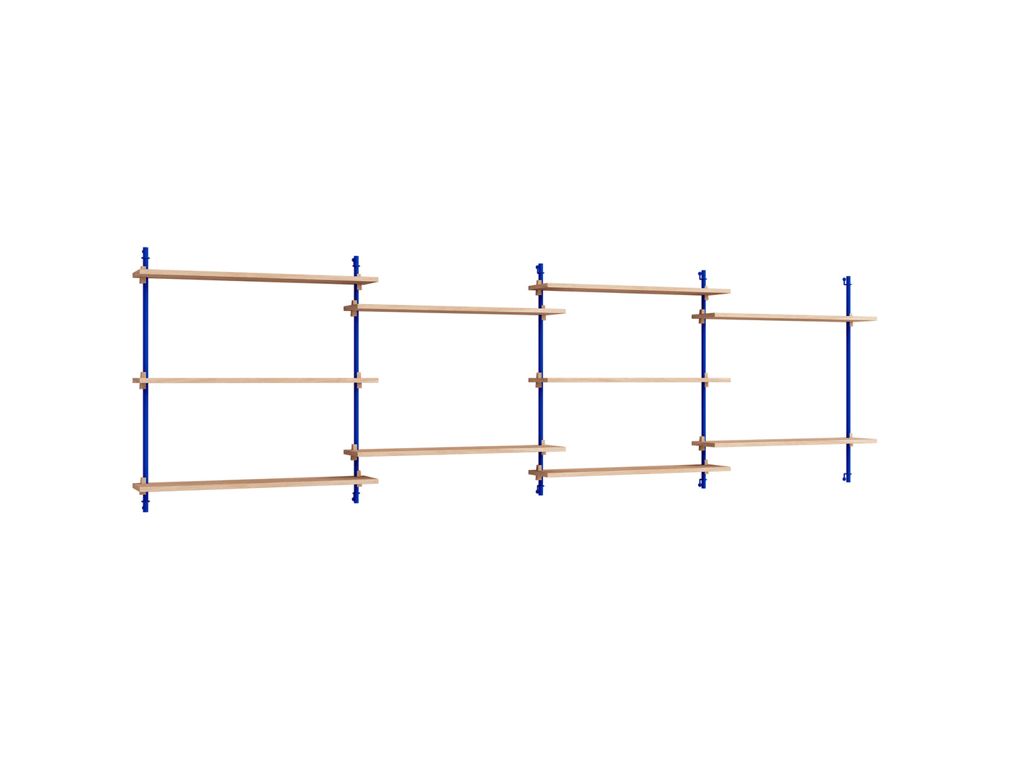 Wall Shelving System Sets (85 cm) by Moebe - WS.85.4 / Deep Blue Uprights / Oiled Oak