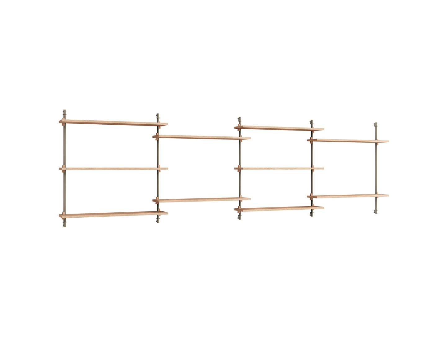 Wall Shelving System Sets (85 cm) by Moebe - WS.85.4 / Warm Grey Uprights / Oiled Oak
