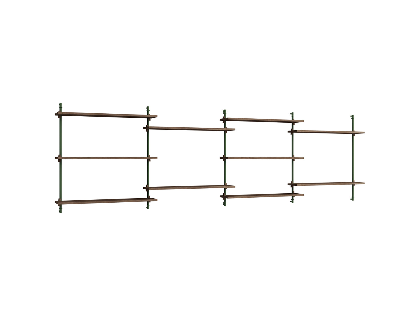 Wall Shelving System Sets (85 cm) by Moebe - WS.85.4 / Pine Green Uprights / Smoked Oak