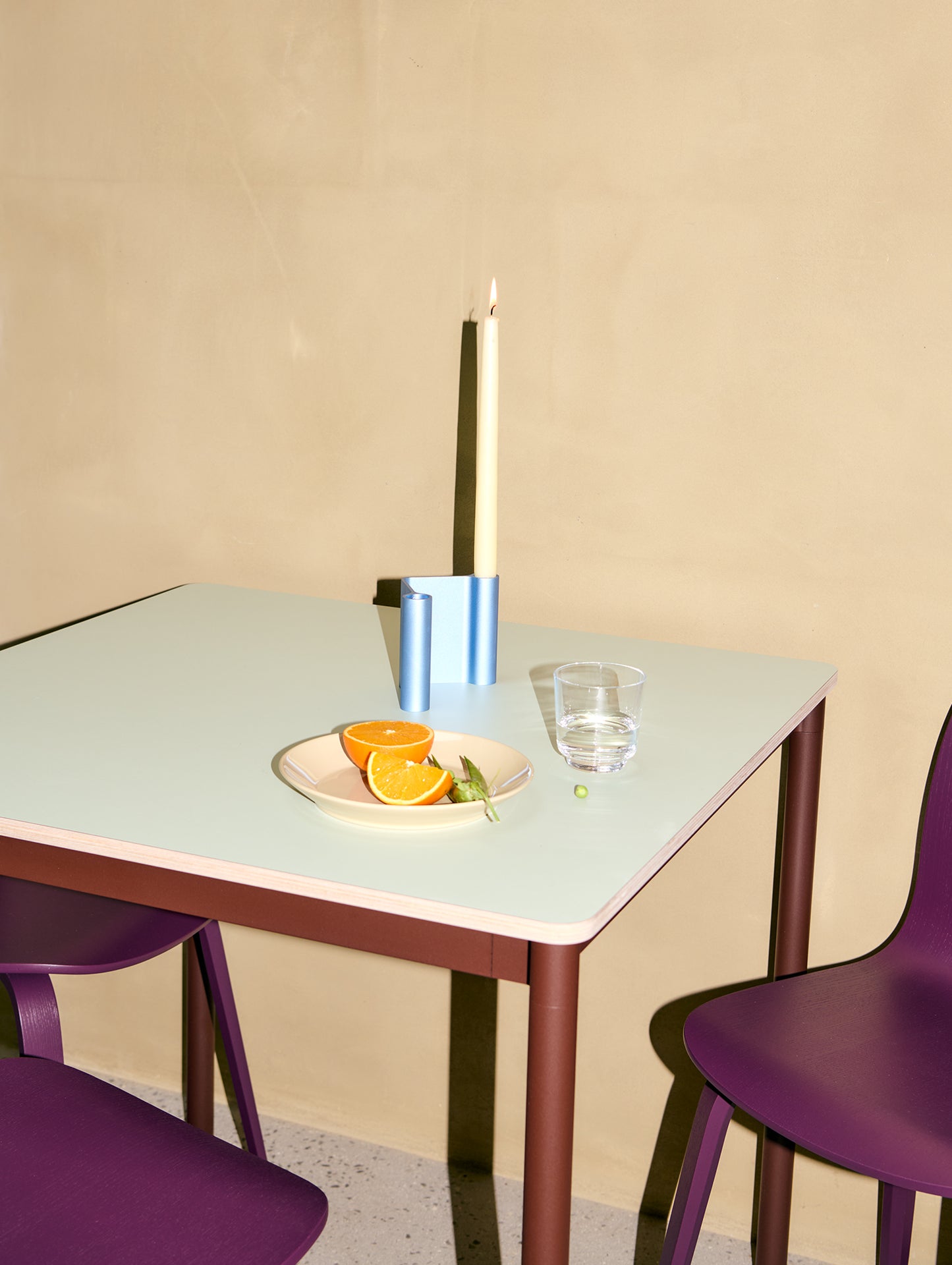 Base Table by Muuto - 70x70 / Light Green Laminate / Plywood Top with Brown Red Legs