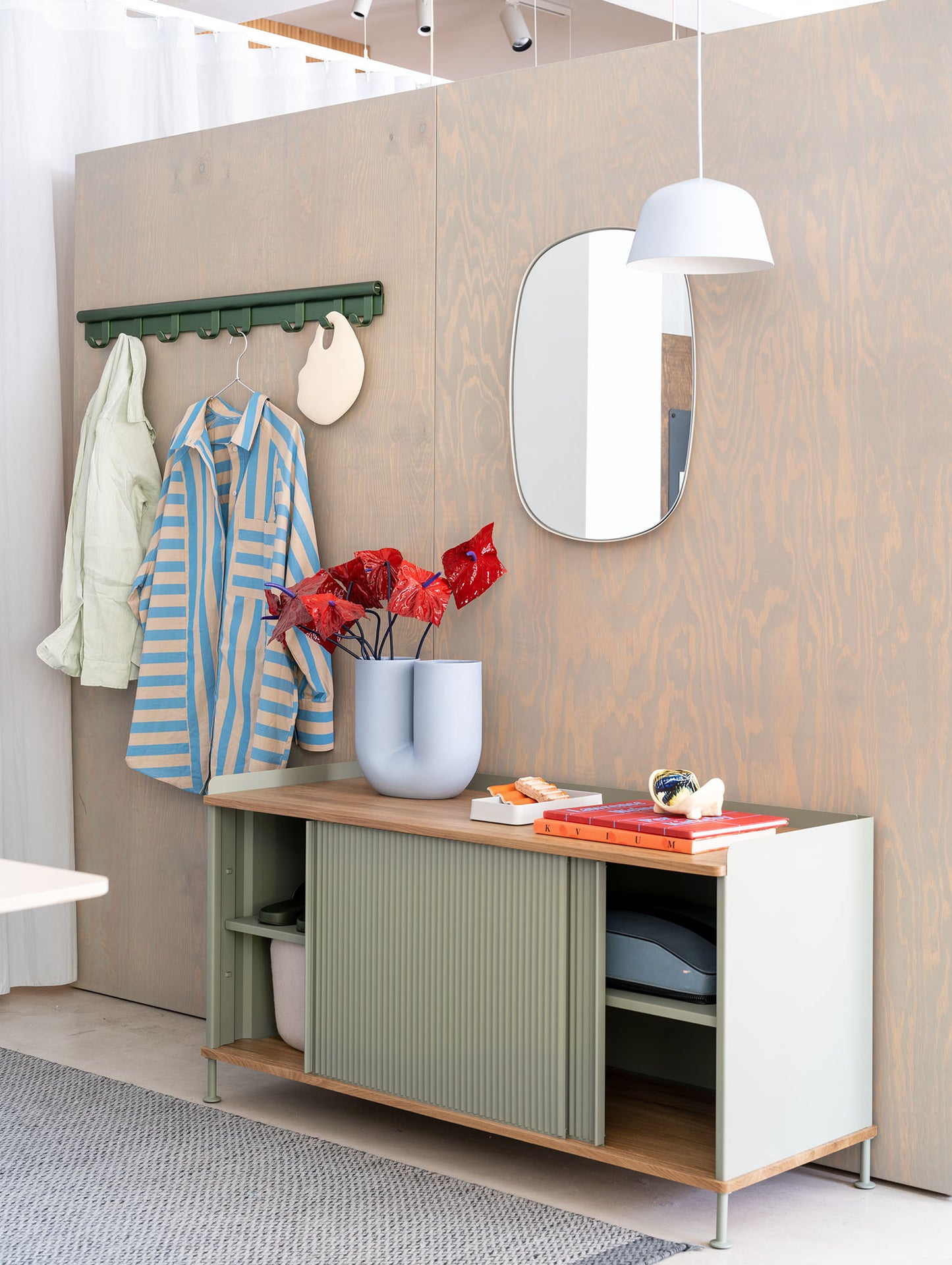 Enfold Sideboard by Muuto - Low / Lacquered Oak / Dusty Green Lacquered Steel