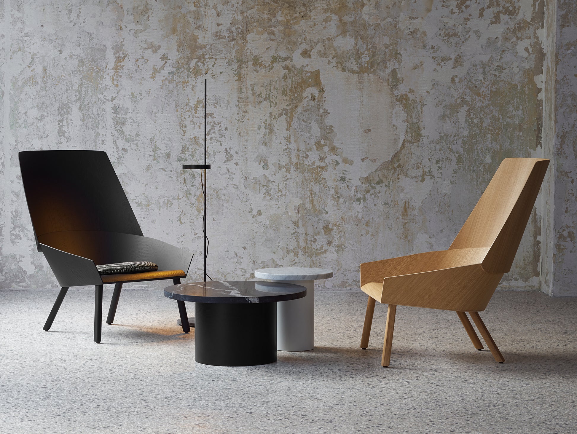 LT06 Palo Floor Light by e15 - Black Powder Coated Steel with Nero Marquina