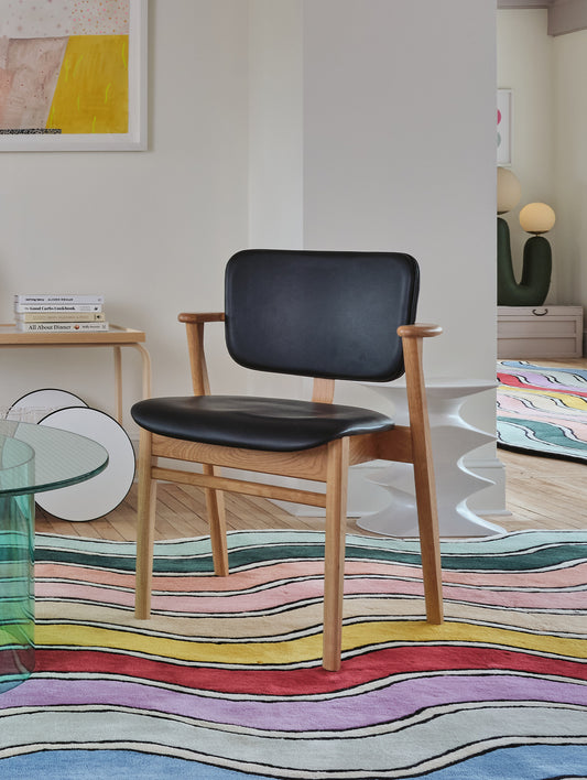 Domus Chair Upholstered by Artek - Frame: Lacquered Oak / Seat and Back: Black Prestige Leather