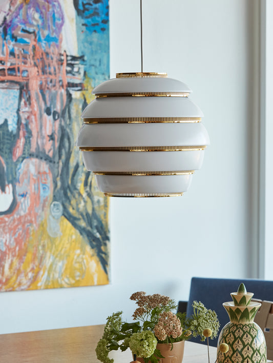 A331 Beehive Pendant Light by Artek - White Aluminium Shade with Brass Rings