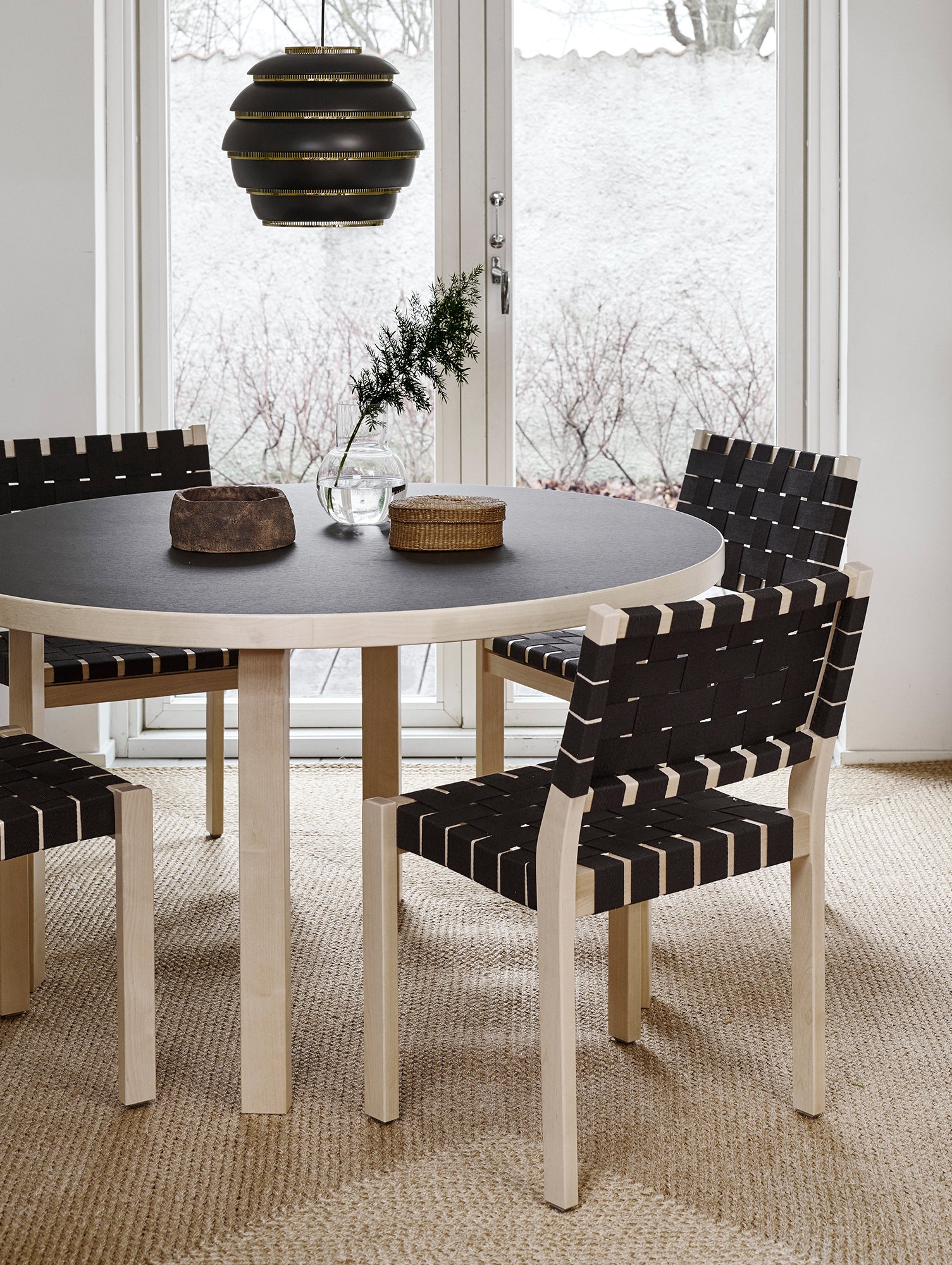 Aalto Table Round 91 by Artek - Black Linoleum Top / Natural Lacquered Birch Legs
