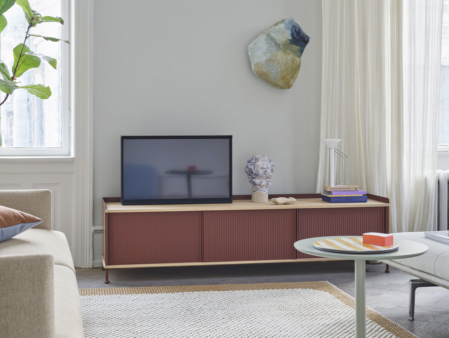 Enfold Sideboard by Muuto - 186x45 / Lacquered Oak / Deep Red Lacquered Steel