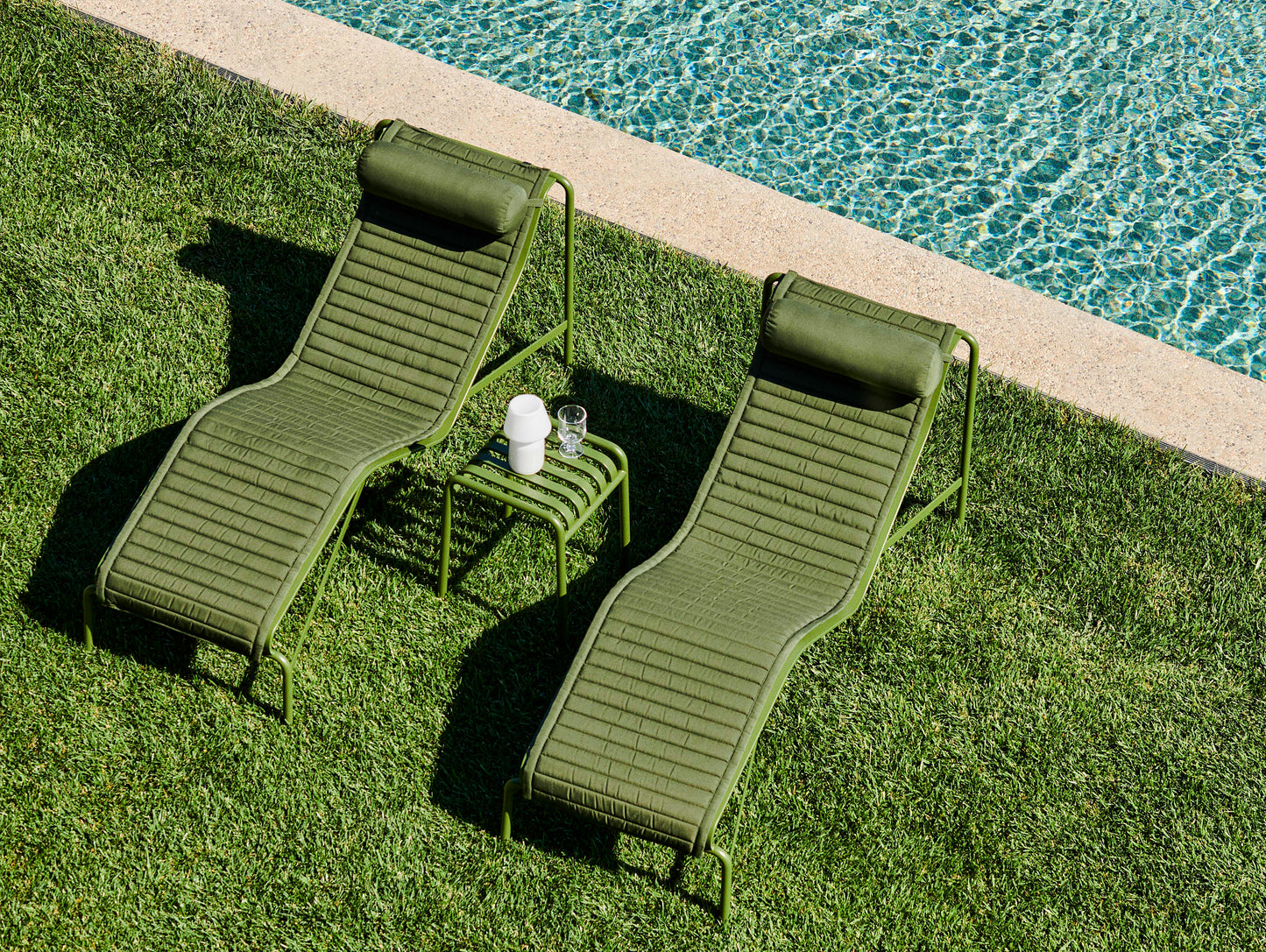 HAY Palissade Chaise Longue in Olive with Quilted Cushion and Headrest
