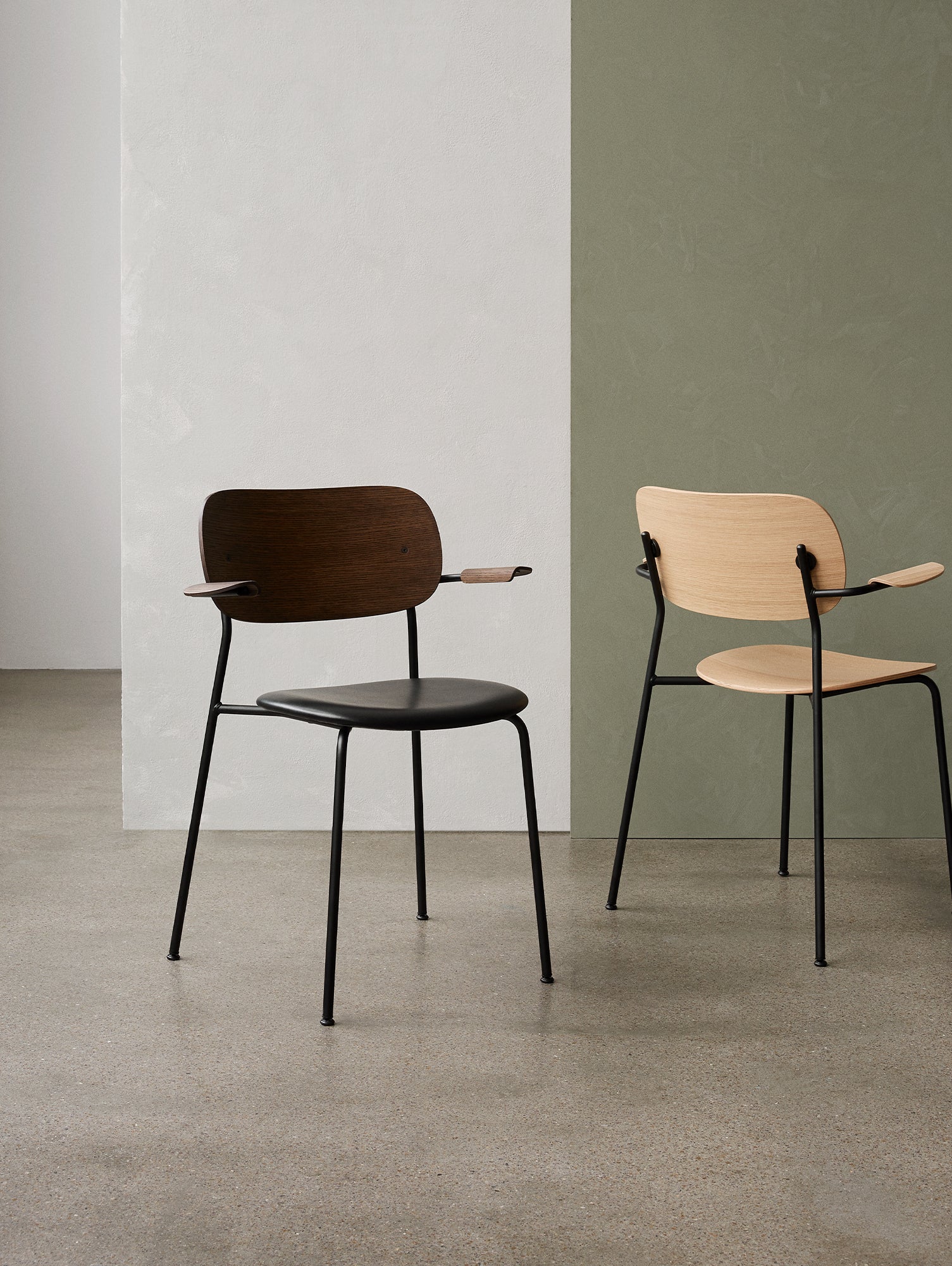 Co Dining Chair Upholstered by Menu - With Armrest / Black Powder Coated Steel / Dark Oak / Dakar Black Leather