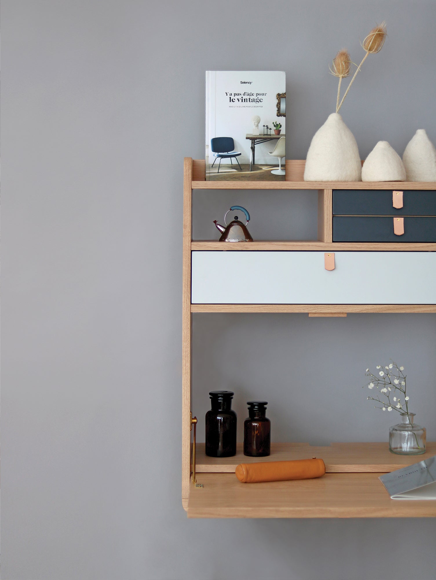 Gaston Writing Desk by Hartô - Width: 60 cm, Oak / Light Grey / Slate Grey