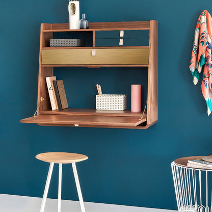 Gaston Writing Desk by Hartô - Width: 80 cm, Oak / Petrol Blue / Brushed Brass