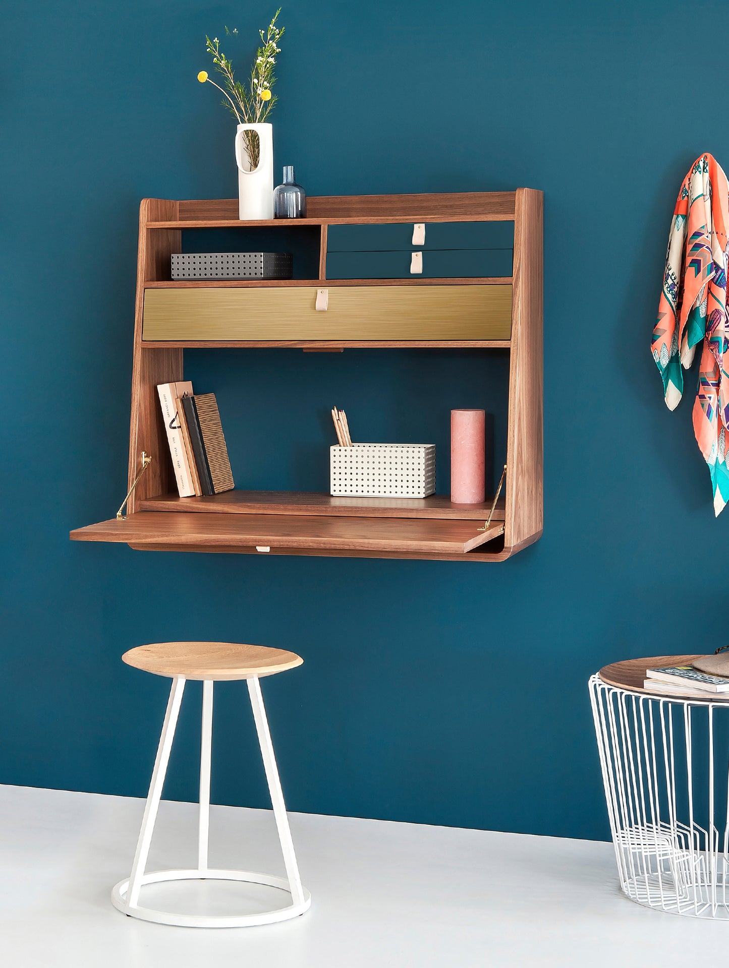 Gaston Writing Desk by Hartô - Width: 80 cm, Oak / Petrol Blue / Brushed Brass