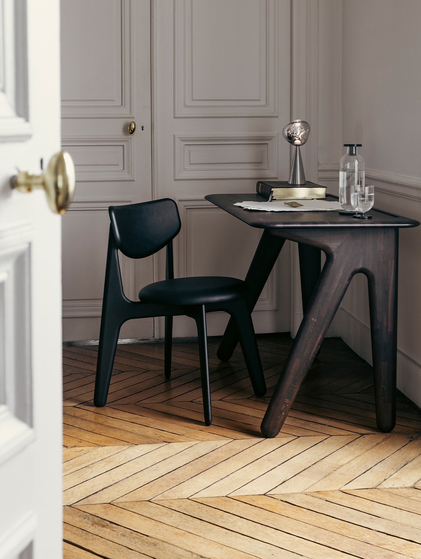 Slab Dining Chair Upholstered by Tom Dixon - Black Lacquered Oak / Black Leather