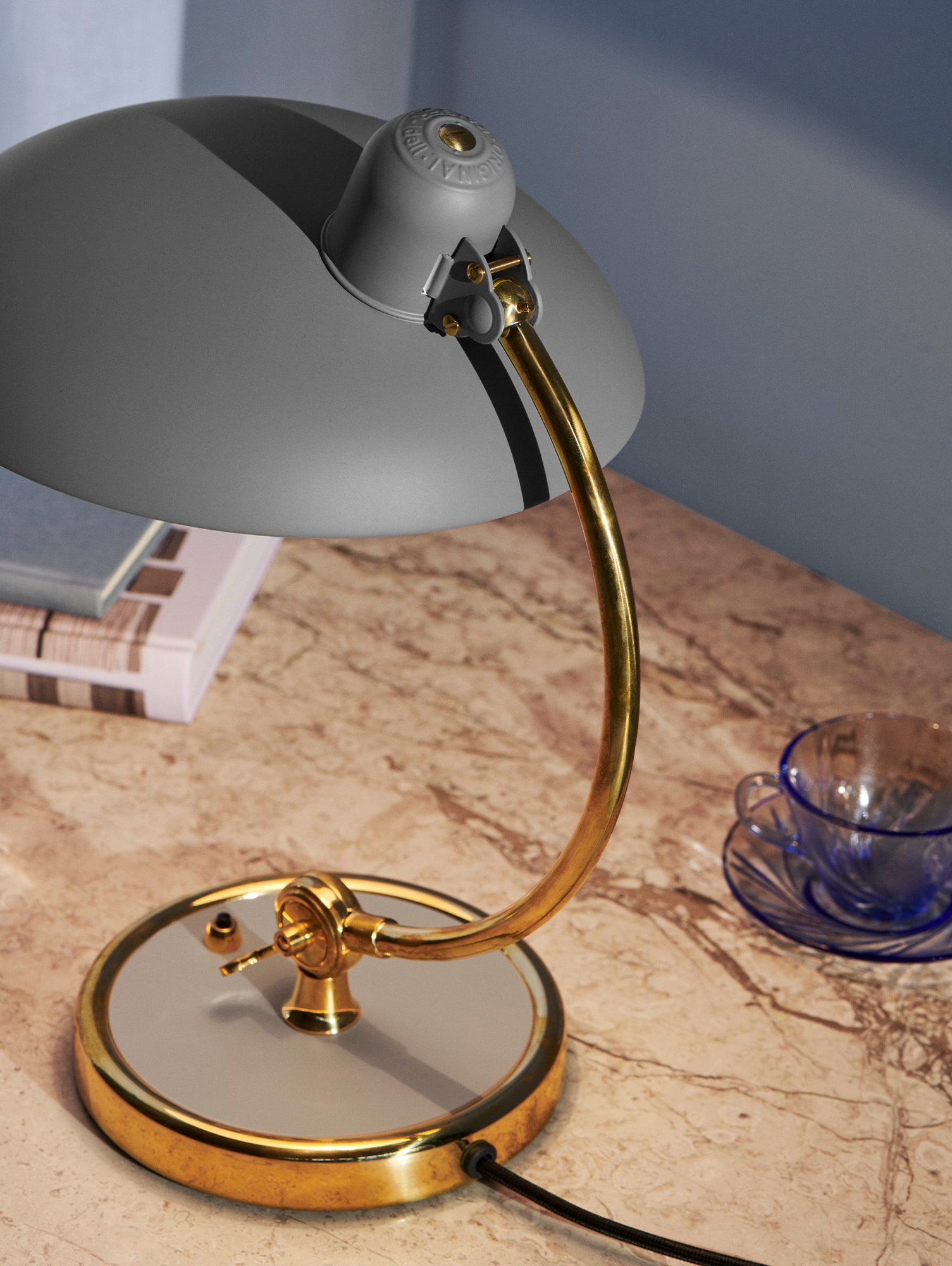 Kaiser Idell Luxus Table Lamp by Fritz Hansen - Matt Easy Grey Shade with Brass Base