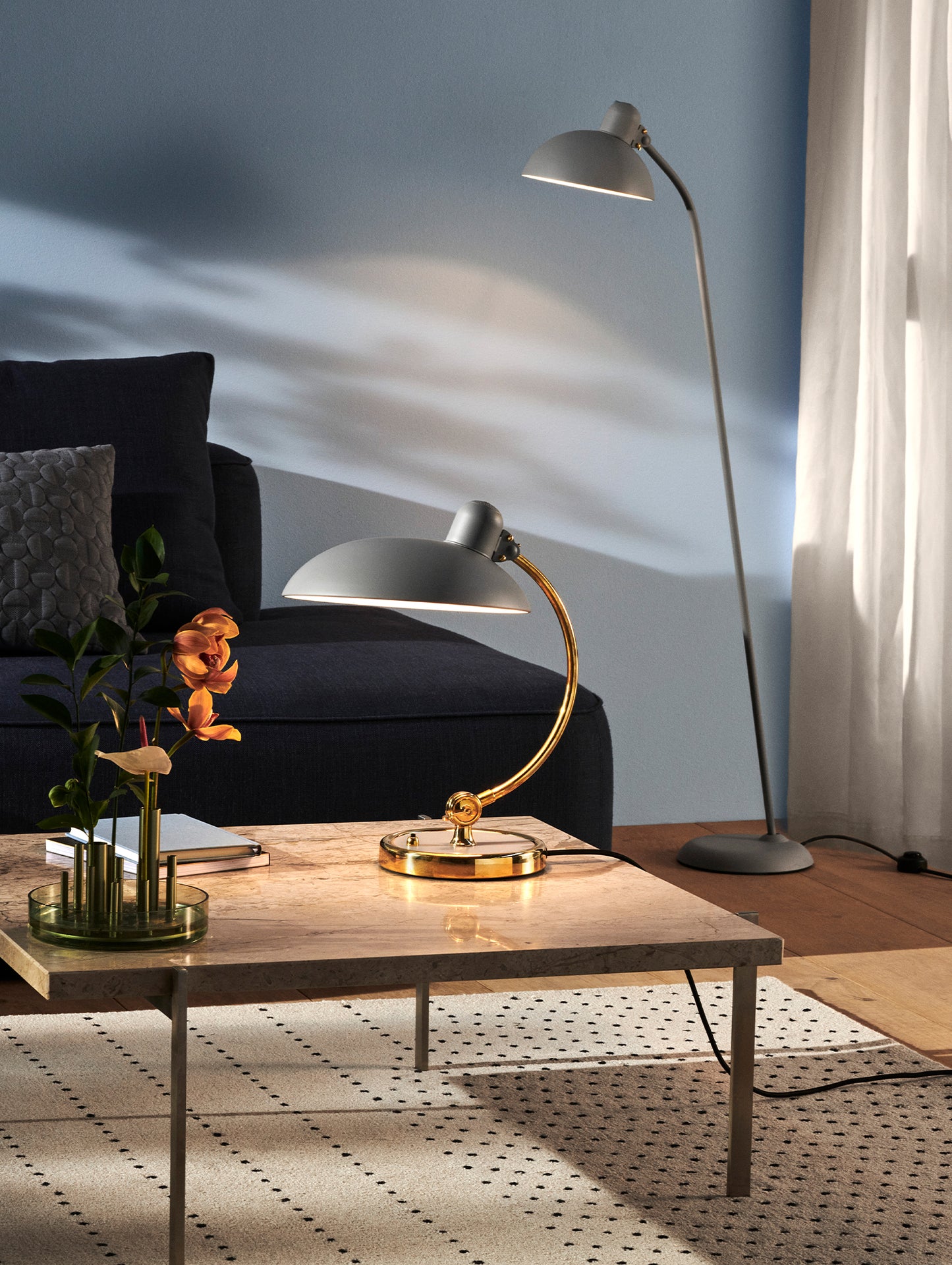 Kaiser Idell Luxus Table Lamp by Fritz Hansen - Matt Easy Grey Shade with Brass Base