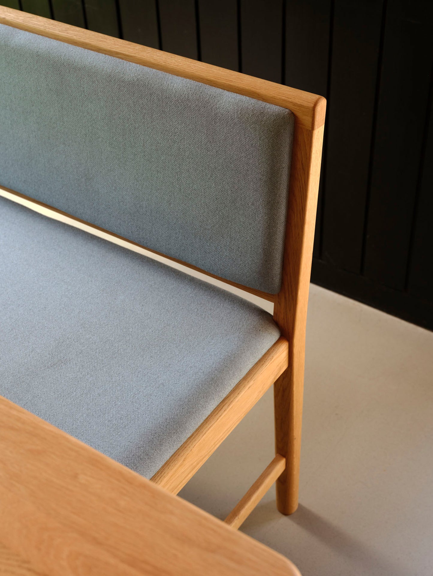 J176 Sonderborg Bench by FDB Mobler - Lacquered Oak / Ploegwool Blue 04