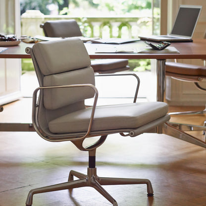 Soft Pad Conference Chair EA 208 by Vitra - Polished Aluminium / Seat: Cement Premium F Leather / Back: Plano Cream White Sierra Grey (L50)