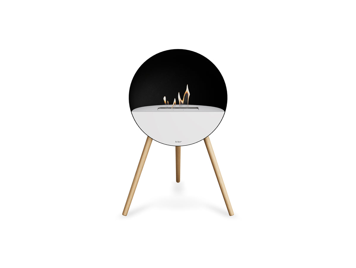 Le Feu Eye Fireplace with Black Body, White Top, White Front and Soaped Oak Base