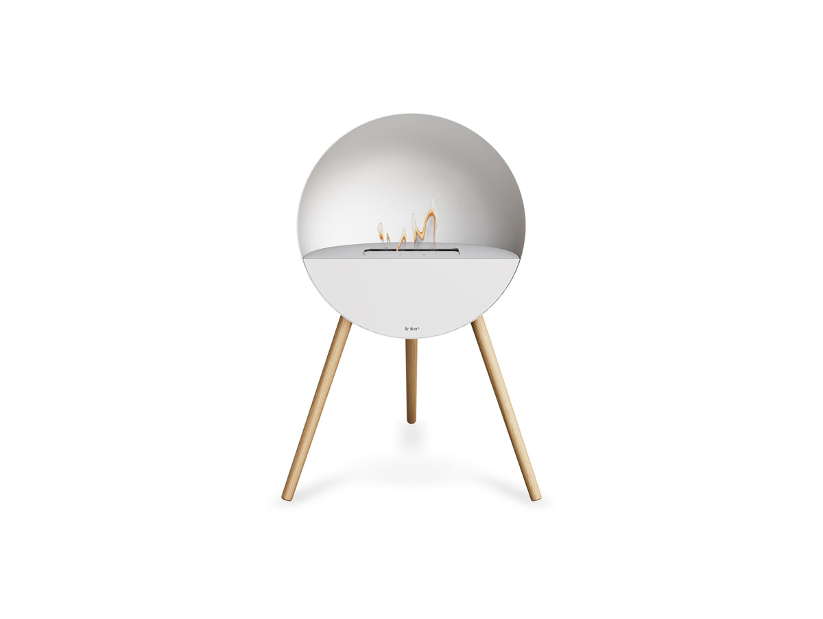 Le Feu Eye Fireplace with White Body, White Top, White Front and Soaped Oak Base