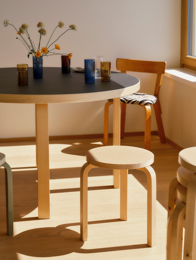 Aalto Table Round 90A by Artek - Black Linoleum Top / Natural Lacquered Birch Legs