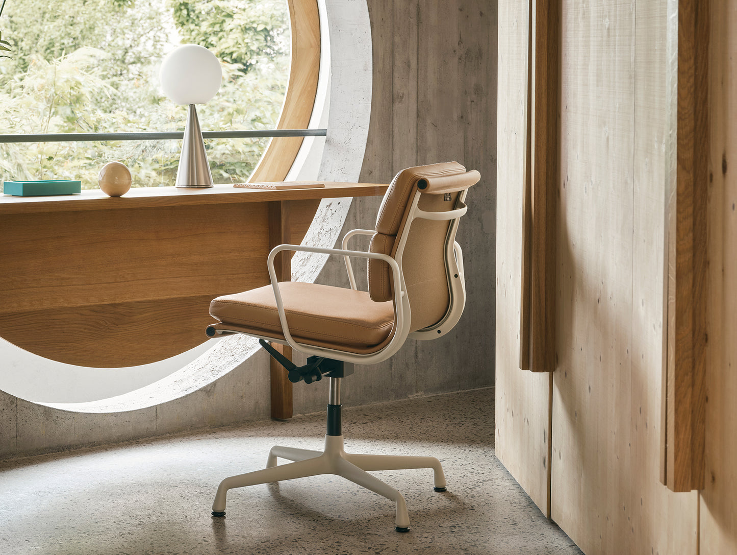 Soft Pad Office Chair EA 231 by Vitra - Chalk Powder-Coated Aluminium / Seat: Ochre Premium F Leather / Back: Plano Coffee (L50)