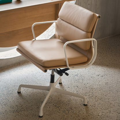 Soft Pad Office Chair EA 231 by Vitra - Chalk Powder-Coated Aluminium / Seat: Ochre Premium F Leather / Back: Plano Coffee (L50)