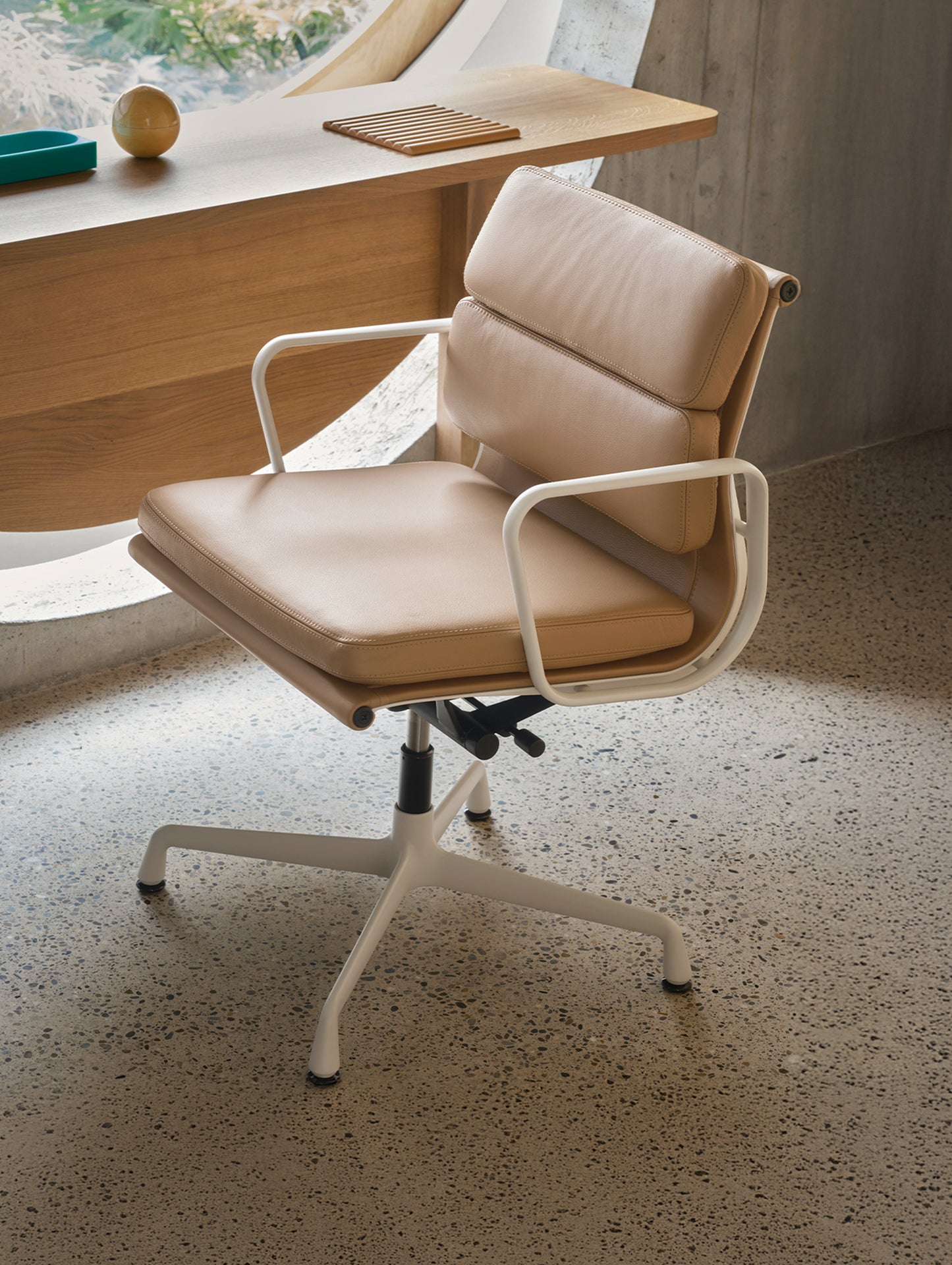 Soft Pad Office Chair EA 231 by Vitra - Chalk Powder-Coated Aluminium / Seat: Ochre Premium F Leather / Back: Plano Coffee (L50)