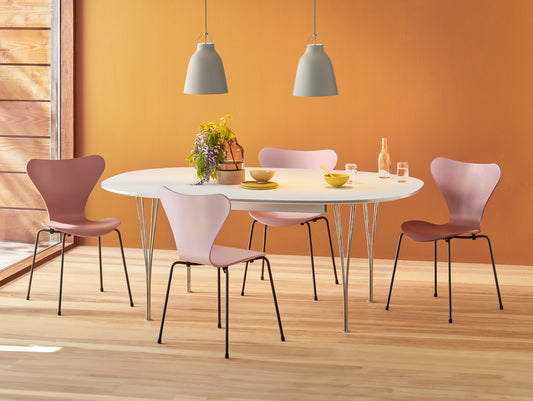 Superellipse Dining Table (Extendable) by Fritz Hansen - B619 / Chromed Steel Base / White Laminate Tabletop