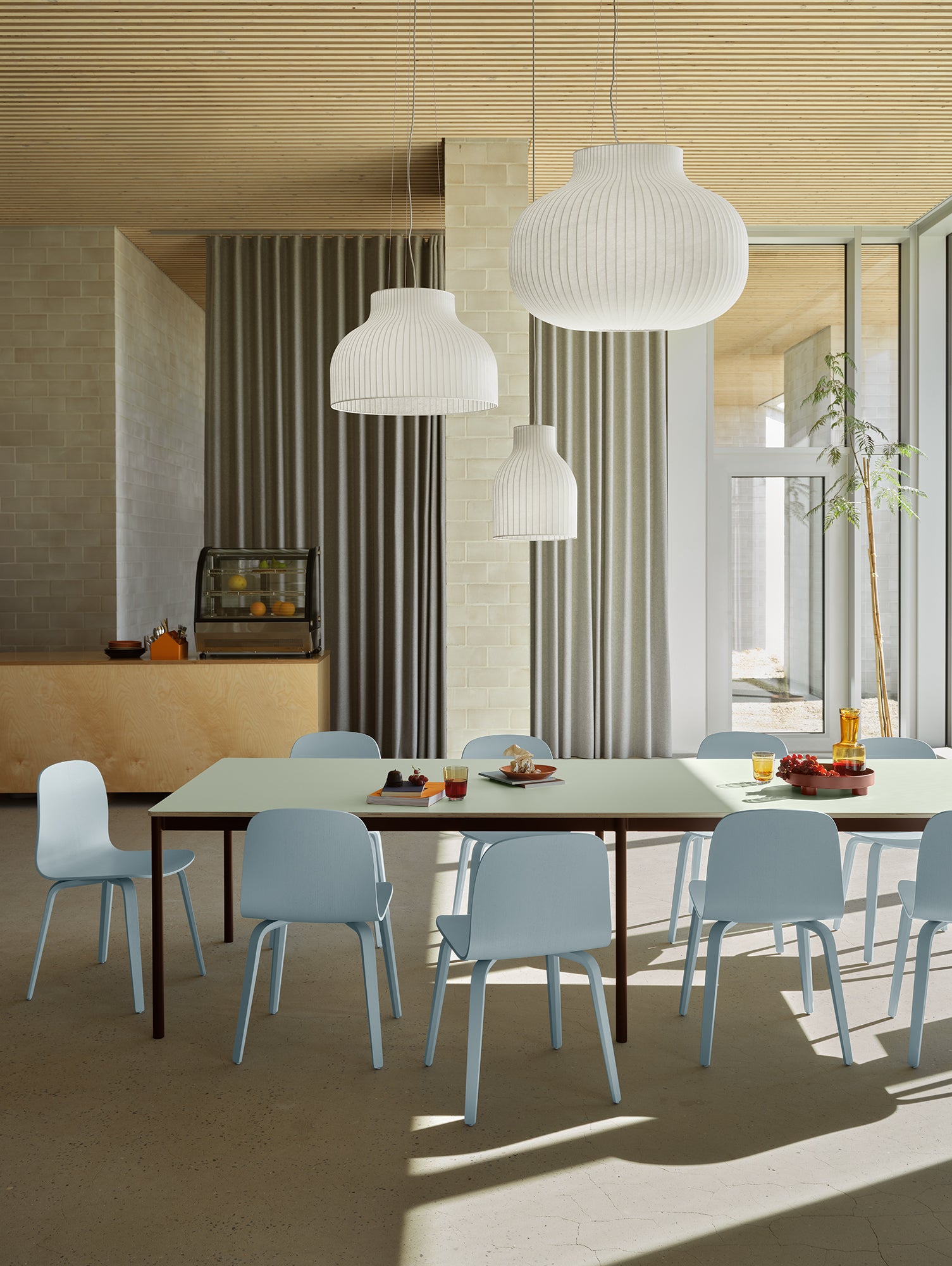 Base Table by Muuto - 300x110 / Light Green Laminate / Plywood Top with Brown Red Legs