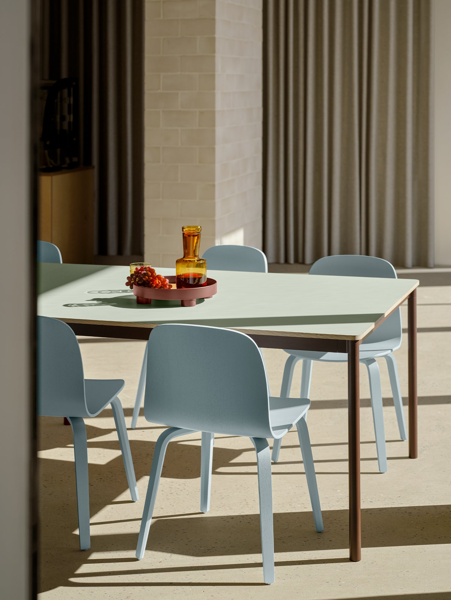 Base Table by Muuto -  Light Green Laminate / Plywood Top with Brown Red Legs