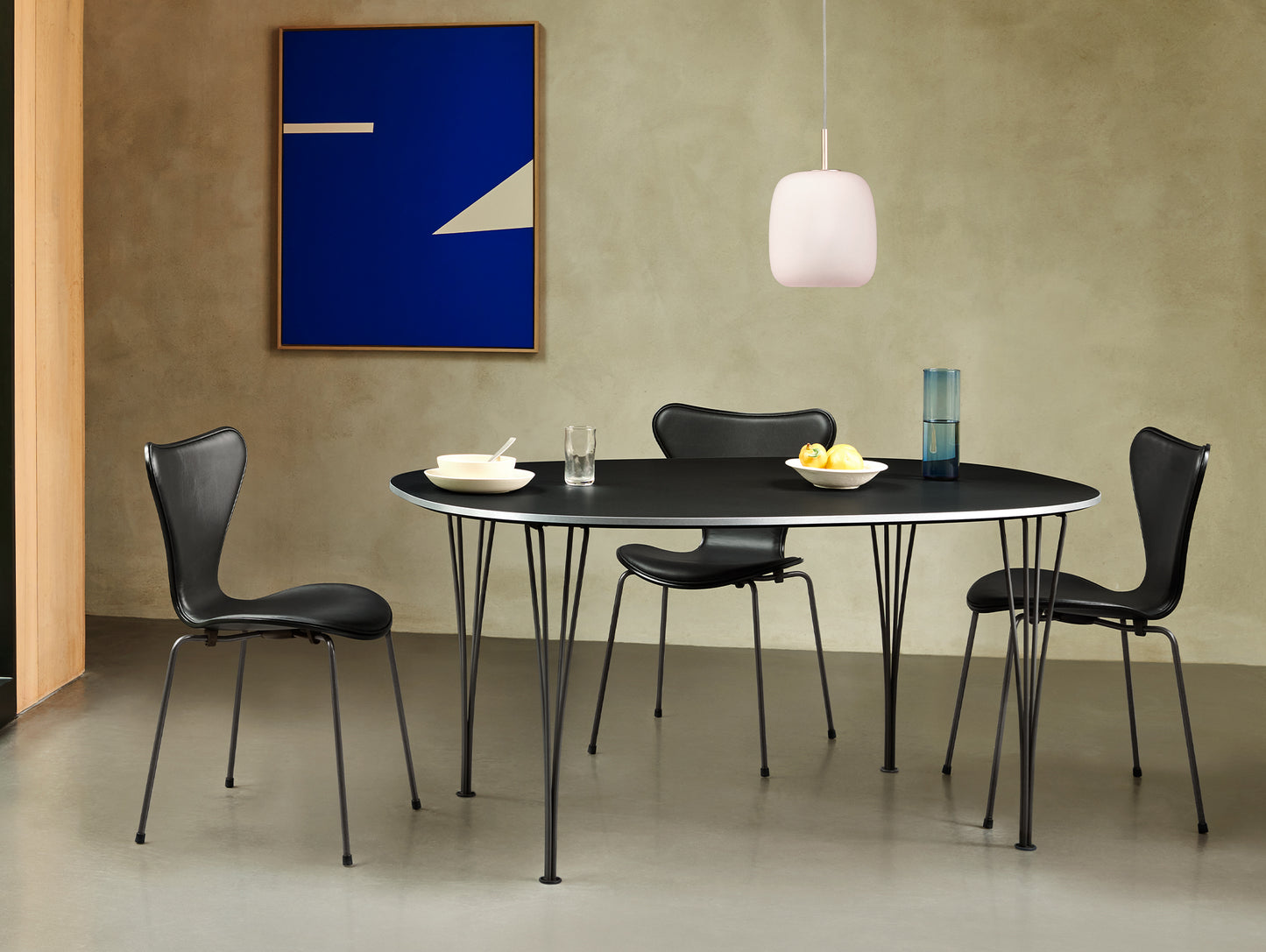 Series 7™ 3107 Dining Chair (Front Upholstered) by Fritz Hansen - Front: Black Leather / Back: Black Lacquered Veneer