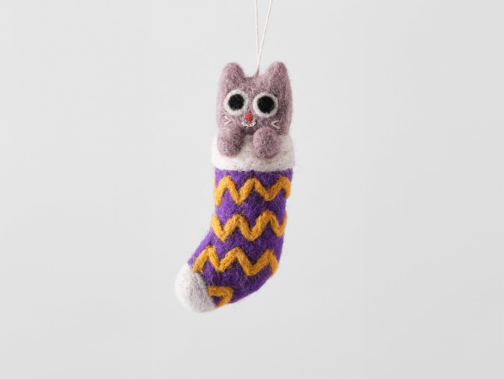 Cat Felted Hanging Decorations by Wrap Stationery - Viv, Cat In Purple Stocking