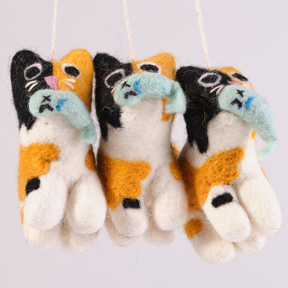 Cat Felted Hanging Decorations by Wrap Stationery - Dwight, Cat with a Fish